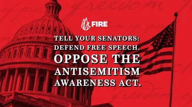 The Capitol Building in red with the words: "Tell your senators: Defend free speech. Oppose the antisemitism awareness act."