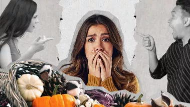 Two people in black and white fighting over Thanksgiving dinner, and a person in full color in the middle looking mortified