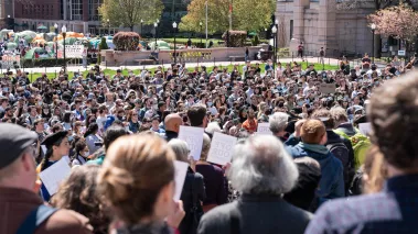 Students and faculty rally as Pro-Palestinian supporters set up a protest encampment on the campus of Columbia University on April 22, 2024 