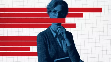 A college professor in the foreground with horizontal red bar graphs in the background, except for one which covers the mouth of the professor, indicating censorship.