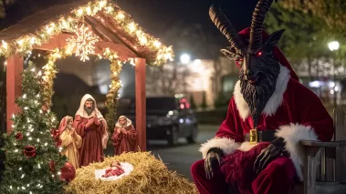 Baphomet dressed as Santa next to a nativity display with baby jesus and the 3 wise men