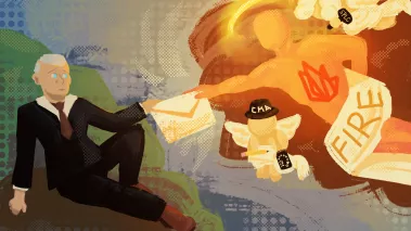 Computer illustration of Michelangelo's The Creation of Adam, except in place of God and Angels are FIRE and the SPLC handing a letter to a UT Dallas administrator