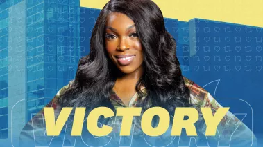 Photo of Kim Diei above the word "Victory" 