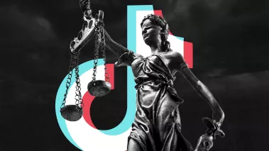 TikTok logo next to a statue of justice