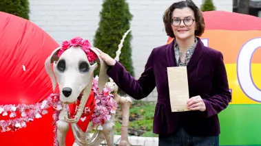 Alexis Luttrell with her lawn skeletons in Germantown, Tennessee
