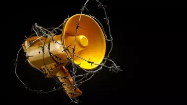 Yellow bullhorn wrapped in barbed wire