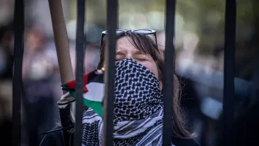 Columbia University student takes part in an anti-Israel protest inside the gates the school in Manhattan