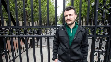 Mahmoud Khalil outside the gates of Columbia University in New York