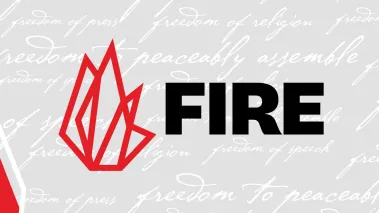 Square FIRE logo with phrases from Constitution in the background
