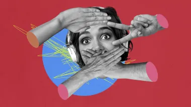 Collage young woman face head body fragment with hands covering mouth censorship