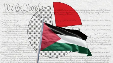 Flag of Palestine set against the first page of the U.S. Constitution with the words "We the People" in the top left corner, and a pie chart in the middle, indicating statistics and data