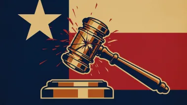 Gavel cracking in front of Texas flag