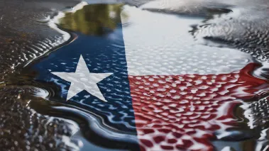 Texas flag reflected in a puddle
