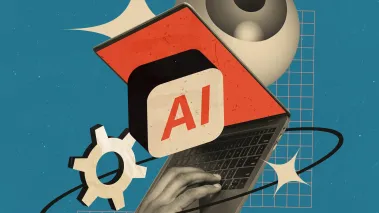 Composite trend artwork sketch image collage of laptop gears and eyeball with AI in the foreground