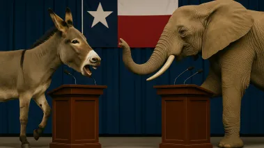 Donkey and elephant arguing on stage with Texas flag in the back.png