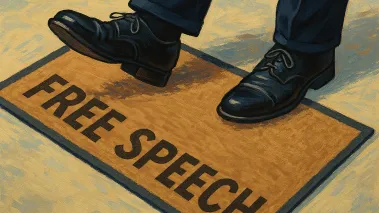 Person in suit wiping feet on Free Speech doormat