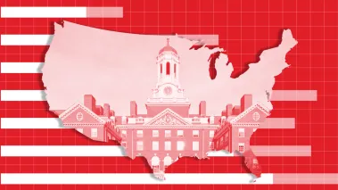Illustration of the continental U.S. with a college building overlaid and bar graphs in the background, indicating this is a report.
