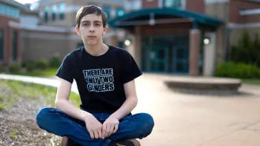Liam Morrison in his banned "There are only two genders" shirt.