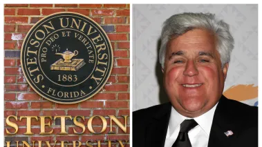 Collage of Stetson University campus sign and Tonight Show host Jay Leno