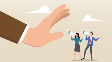 Illustration of people shouting into a megaphone but denied by giant hand freedom of speech censorship