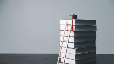 Ladder leaning against a stack of books indicating academic freedom