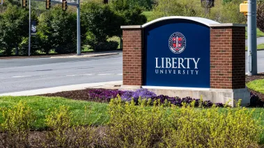 Liberty University entrance sign in Lynchburg Virginia in 2022