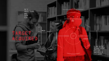 Student in mask viewed through Terminator lens