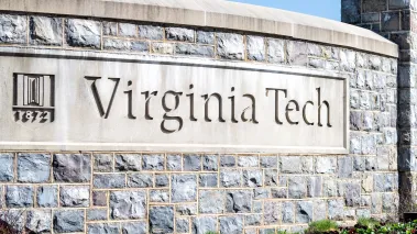 Virginia Polytechnic Tech Institute and State University stone sign on campus in Blacksburg.