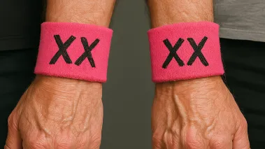 Two white men wearing pink XX wristbands