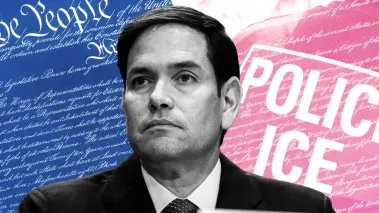 Cropped image of Secretary of State and former Sen. Marco Rubio set against the Constitution in blue and the words "POLICE" and "ICE" in red.