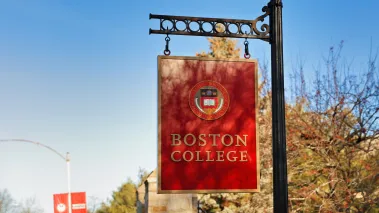 Entrance sign of Boston College a private Jesuit Catholic research university in Massachusetts 