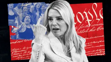 Photo of Attorney General Pam Bondi in black and white with the Constitution in the background