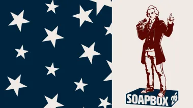 Founding Father on a soapbox speaking into a microphone