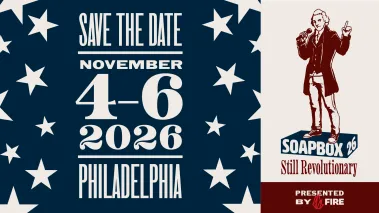 Illustration of a Founding Father standing on a soapbox and holding a microphone next to the words: "Save the Date | November 4-6 2026 | Philadelphia"