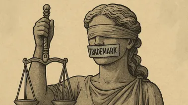 Statue of Justice with "TRADEMARK" written on tape over her mouth 