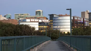 Trinity River Campus of Tarrant County College at dusk in Fort Worth Texas