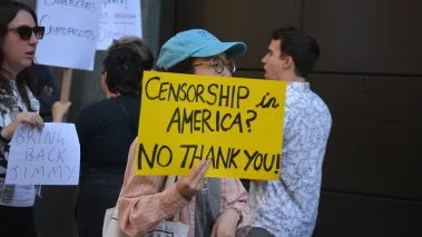 Writers Guild of America members protesting the suspension of Jimmy Kimmel in front of ABC Headquarters in New York City
