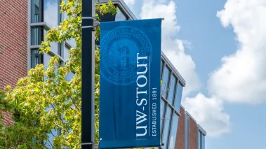 Banner and campus logo on the campus of University of Wisconsin at Stout