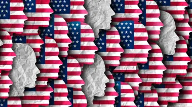 Image depicting abstract faces with U.S. flag on them and those made of blank paper
