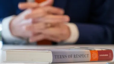 Princeton University President Christopher Eisgruber sits next to his new book “Terms of Respect: How Colleges Get Free Speech Right"
