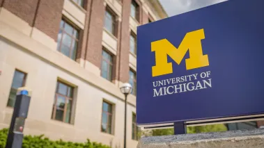 Ann Arbor, MI - May 27, 2022: University of Michigan logo at college campus