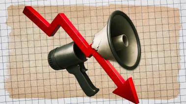 Graph paper with red line going down, cutting a megaphone in half.