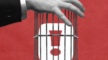 Hand putting exclamation mark in a cage