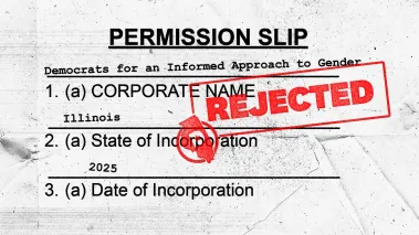 Illustration of a paper "permission slip" for incorporation and the word "REJECTED" in red letters stamped over it.