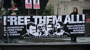 NEW YORK, NEW YORK USA - April 15, 2025: Rally for student activist Mohsen Mahdawi following his arrest by ICE agents across from the ICE Manhattan headquarters.