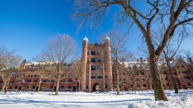 Yale university buildings in winter after snow storm Linus in New Haven