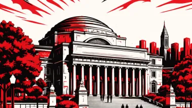Illustration in red, white, and black of the Columbia University campus.