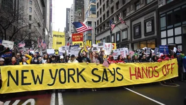 Demonstrators in New York City march down 5th Ave in the "Hands Off" protest against President Trumps policies and Musk led government cuts. 