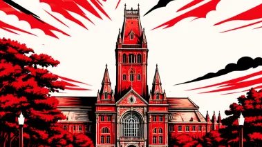 Illustration in red, white, and black of the Harvard University campus.