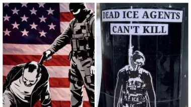 Collage of a poster reading "Only Traitors Help Invaders" and another reading  of posters at reading "Dead ICE Agents Cant Kill"